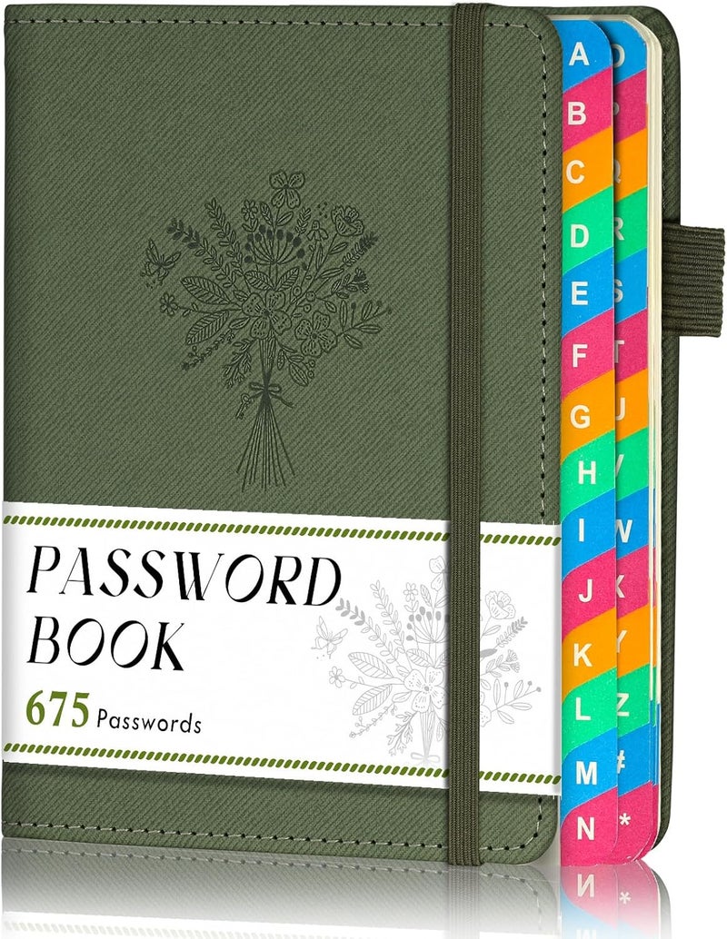 hi!SCI Password Keeper Book with Colorful Alphabetical Tabs, Small Pocket Password Logbook for Seniors, 4.7 x 6.2" Internet Website Address Organizer, Stores 675 Passwords (Sage Green) - Image 1